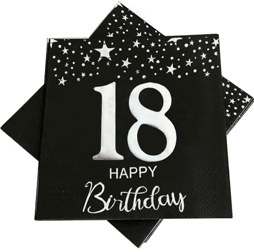CHANGCAO Dekorative Servietten zum 18. Geburtstag, Schwarz und Silber, 50 Stück