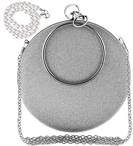 Abaodam Runde Abendtasche Damen Clutch Mit Metallring Und Abnehmbarer Perlenkette Silbergrau Party Hochzeit Abendveranstaltung
