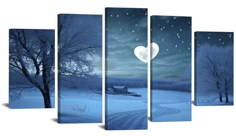 JOSUE Set 5 Teilig Natur Winterlandschaft Wandbilder Wohnzimmer, Abstrakte Schneelandschaft Weiß, Blau Leinwand Bilder Wandkunst Deko für Schlafzimmer Badezimmer Küche -100x200cm Gerahmt