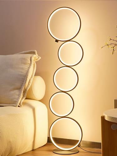 NUÜR Modern 5-Ring LED Floor Lamp, 43.3 Artistic Nesting Circle Standing Lamp, Stepless Dimmable Sculptural Accent Light for Living Room, Bedroom & Office, Minimalist Geometric Decor