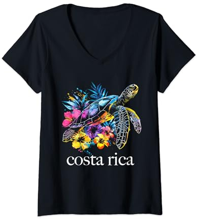 Damen Costa Rica Meeresschildkröte Blumen Tauchen Surfer Souvenir T-Shirt mit V-Ausschnitt