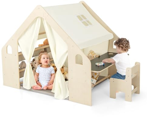 COSTWAY 6-IN-1 Kinderzelt Holz mit Kindertisch & Stuhl & Kinderregal, Kinderspielhaus mit Matte | Tafel | Aufbewahrungsboxen | Kreidebox, Spielzelt Spielhaus indoor für Kinder ab 2 Jahren(Mit 6 Boxen)