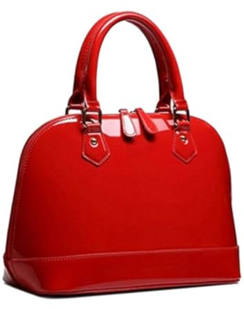 Kugelförmige Umhängetasche aus Lackleder, mit Reißverschluss, mehrere Taschen, glänzend, großer Griff an Oberseite