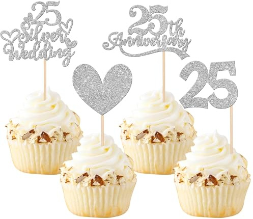 Xsstarmi 24 Packung 25. Hochzeit Jubiläum Cupcake Toppers Glitzer 25 Silver Wedding Anniversary Cupcake Picks für Hochzeitstag 25. Silber Hochzeit Jubiläum Party Kuchendekoration Silber
