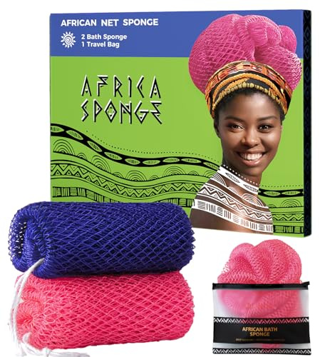 Loofah Lot de 2 éponges africaines exfoliantes avec nœuds pour le corps, violet et rose