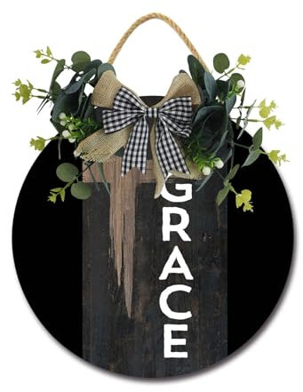 Grace Haustürschild mit lustigen Kränzen, hängendes Holzschild, Dekoration, rund, rustikales Holz, Bauernhaus, Veranda, Dekoration für Zuhause, Haustür, 30,5 x 30,5 cm