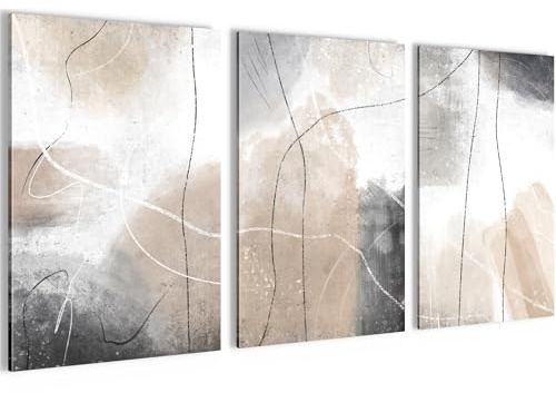 Novart Bilder Set Abstrakt - Kein Extra Rahmen benötigt - Wandbilder für Wohnzimmer Schlafzimmer Flur - 3 Teilig Deko Beige Grau - N028636a