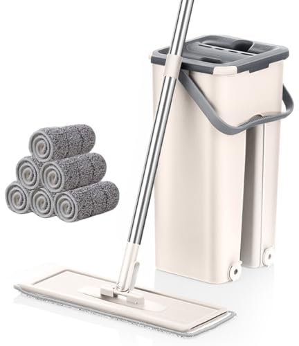 Trapeador para Limpiar Azulejos y Paredes, Limpiar y Quitar el Polvo con balde desagüe, trapeador autodrenante, Cepillo para Pisos, 6 Almohadillas de Microfibra (Beige)