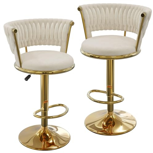 ARunThLana Barhocker 2er Set Barstühle, Hochstuhl, 360° drehbar, mit Rückenlehne und Fußstütze, Samt, verstellbar, Barhocker, für Bar, Küche, Esszimmer,Gold