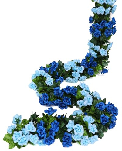 JUSTOYOU 2 guirnaldas de rosas artificiales azules de doble color de 2.4m para colgar, flores artificiales de seda para exteriores, interiores, bodas, decoración de paredes y dormitorios (azul, 13
