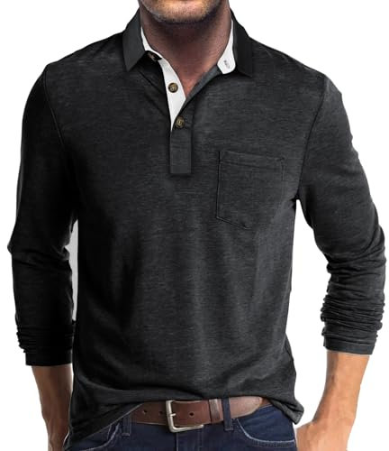 Poloshirt Herren Langarm T-Shirt Leichtes Langarmshirt mit Tasche Poloshirts Klassisches Herbst Winter XL, Dunkelgrau