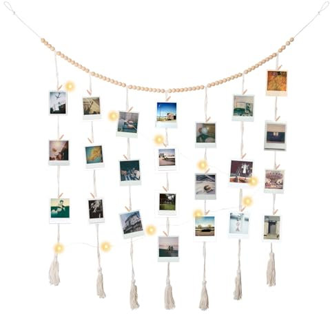 Pumwoy Expositor de Fotos Colgante con Clips 90 * 60cm, Cuelga Fotos Pared 45 Pinzas, Cuerda para Fotos con Pinzas con Cadena de Luz, Colgador de Fotos Clips para Fotos para decoración de pared