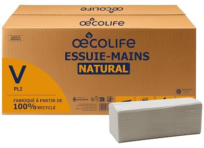 œcolife Papierhandtücher Natural, 1 lagig, V-Falz, 4800 Blatt, 25x23 cm | saugstarke Falthandtücher aus 100% Altpapier Recycling, kompatible Einwegtücher für Standard Handtuchspender in Gastro