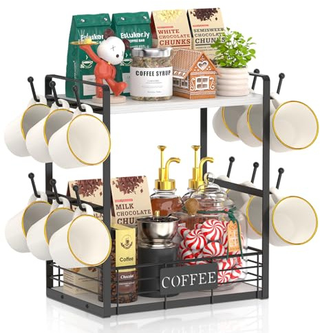 EsLuker.ly Organizador de barra de café de 2 niveles para cocina, soporte multifuncional para tazas de café, estante de almacenamiento de accesorios con 12 ganchos, color blanco y negro