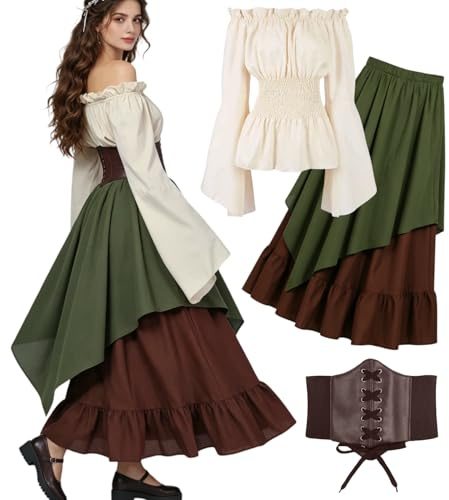 5-delat set med medeltida kläder för kvinnor, retro off shoulder-blusklänning, renässansdräkt, viktoriansk maxidress med korsett, midjeväska, bälte, för karneval, maskerad (grön, storlek 2XL)
