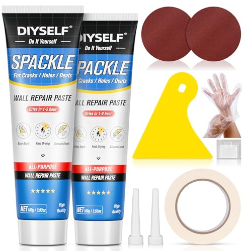 DIYSELF 9 Pack Drywall Repair Kit, Surface Repair Kit, Spackle Wall Repair, 2×100g (7oz Total) Putty, White Drywall Mud, Plaster for Holes, Cracks, Gaps, Fast-Drying Hole Filler with Scraper, Sander