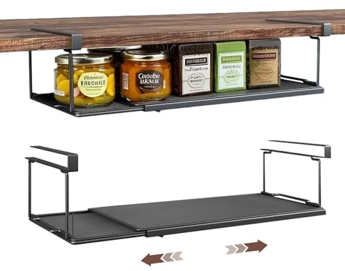 Pinkgarden Erweiterbarer Hängekorb aus Metall, Unterregal Aufbewahrungskorb, Regaleinhängekorb ohne Bohren für Küche, Schrank, Büro & Speisekammer (Schwarz, Erhöht)