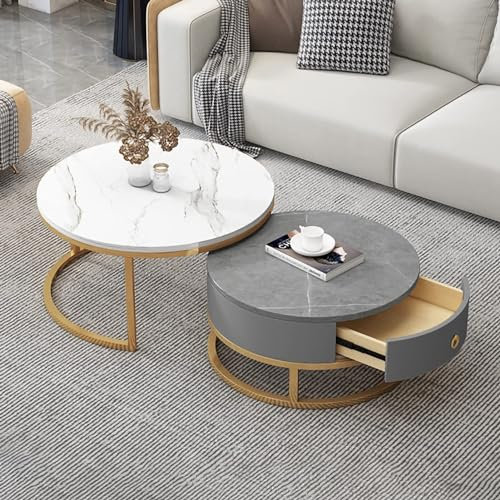 JFUNANQH Rundes Couchtisch-Set mit 2 Schubladen – Satztische, Beistelltische ineinander stapelbar – moderner Sofatisch als Wohnzimmermöbeldekor (Goldrahmen + Weiß + Grau)