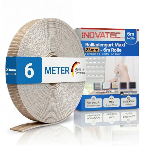 INOVATEC Rollladengurt Maxi 23mm | 6m Rolle für Fenster & Türen – Beige | Reißfest & UV-beständig mit Perlon-Kantenschutz | Für Maxi Gurtwickler | Griffige Querrippen | Für Reparatur & Neubau