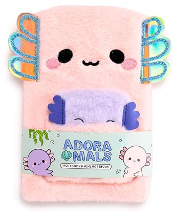 Puckator Adoramals Maddie the Axolotl Plush Notebook with Pouch & Mini Notebook - School Teacher Student Homework Study Planner Notepad Collage University Essentials Journals Planners Jotter Uni Gift