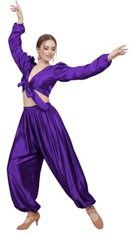 MEEK MERCERY BY KF Bauchtanz-Kostüm für Damen, Boohoo Haremshose und Rüschen-Top-Set, Harems, zweiteiliges Outfit S131, Purpur, 5XL