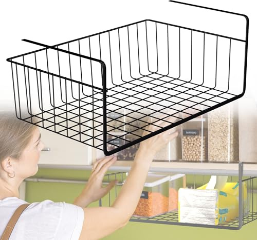 HENGMEI Schrankkörbe Aufbewahrung Hängekorb Metall 2 Stück Unterregal Aufbewahrungskorb Korb für Küche, Speisekammer, Büro, Bücherregal, Schrank, Schränke, Badezimmer