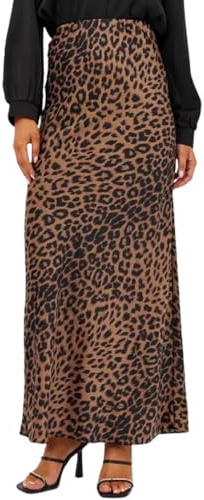 BSLVWG Women Leopard Print Satin Skirt High Waist Hidden Elasticized Waistband Maxi Satin Skirts Silk Flowy Elegant Dress (UK, Alpha, M, Regular, Regular, Brown)