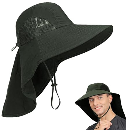 FUIPVGI Sombrero para el Sol de ala Ancha para Hombre y Mujer,Sombrero Tipo Chal con Correa Ajustable para la Barbilla con Protección UV para Acampadas Senderismo Paseos y Viajes (Verde Militar)