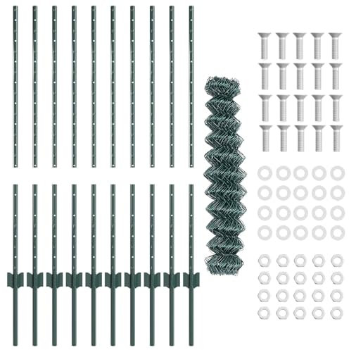 vidaXL Cercado de Malla con 10 Postes Verdes 1 x 10m de Acero | Valla Exterior de Acabado Mate Incluye Rollo y Accesorios Diseño Rectangular Resistente para el Jardín o Límites de Propiedad Barrera d