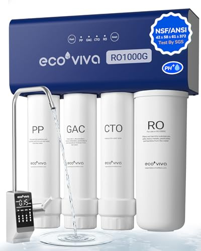Ecoviva Untertisch Umkehrosmoseanlage Trinkwasserfilter mit Alkalischem Wasser, 1000G Direktfluss, Tankloses RO-Wasserfiltersystem, 3:1 Wassersparend, LED-TDS-Anzeige, Für Küche, Familie & Büro
