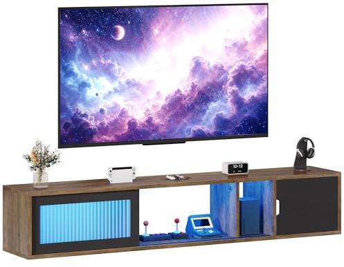 YITAHOME Floating TV Unit, Wall Mounted TV Unit for TVs up to 65 inch, 148CM TV Stand Cabinet with 7 RGB LED 22 Modes Lights Entertainment Centre With Door for Living Room and Bedroom, Black