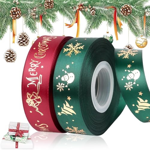 DERAYEE Ruban de Noël en Polyester Bordeaux et Vert Forêt 2 Rouleaux 46M au Total Largeur 2.5CM,Ruban Cadeau Emballage Noel