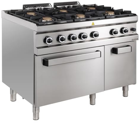 GastroHero Gasherd mit Elektrobackofen, 6 Brenner, Edelstahl D77G6FEAXL | 400 V, Gesamtleistung 42 kW, 1 Ros inkl., 3 Einschübe, Made in Europe, Unterbau für Stauraum, Sicherheits-Thermokupplung