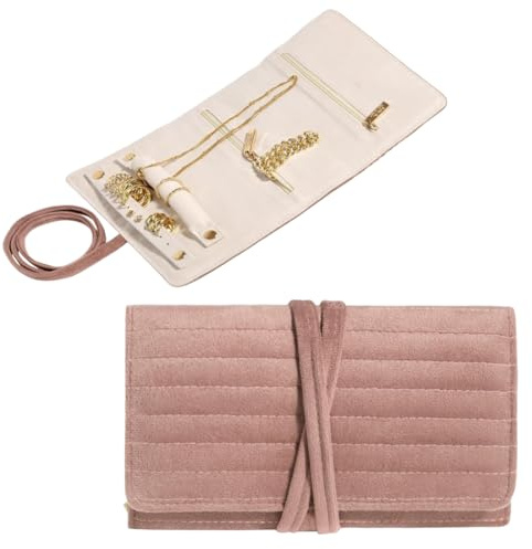 AEKZOX Portagioie da Viaggio Rotolo in Velluto Rosa per Collane Bracciali Orecchini