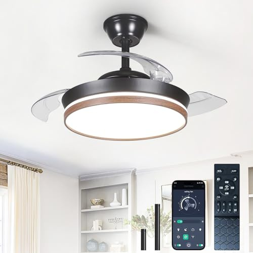 Depuley Ventilador de techo Fandelier con luz: Ventiladores de techo retráctiles de 36 con luces y mando a distancia - Ventilador de techo reversible LED regulable en negro y nogal para salón