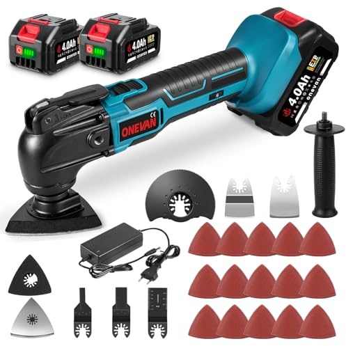ONEVAN Herramienta Multifunción 4°Oscilación con 2 Baterías & 22 Accesorios | 6 Velocidades 20000 RPM, Cambio sin herramientas, Corte y lijado preciso, Multitool versátil para madera y metal