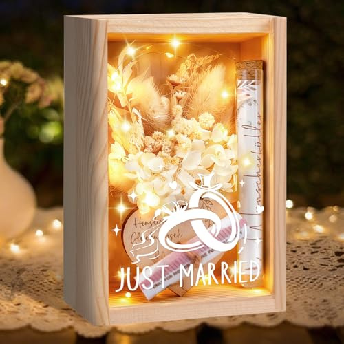 Hochzeitsgeschenke für Brautpaare, Geldgeschenk Hochzeit, inklusive Holzbox+Trockenblumen+LED Lichterkette+Reagenzglas+Hochzeitskarte, Just Married Geschenk Hochzeit