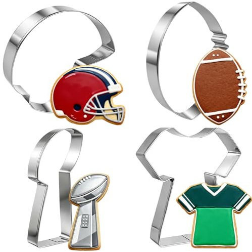 Football Cookie Cutters Set, 4-Piece Stainless Steel – Helmet, Jersey, Official Ball, and Championship Trophy Cutters for Gameday Baking, Sports Theme Tailgate Party, Sports Fan Gifts (4-Inch/10cm)