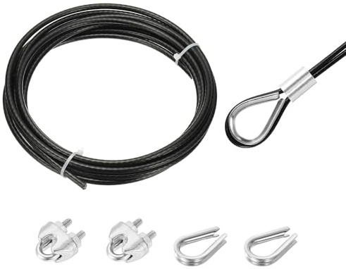 QUARKZMAN Cavo In Acciaio Inox 304 Rivestito In Vinile 6mm (1/4) Nero 5m | Con 2 Pezzi Di Morsetti A Vite E Ghiera Per Ringhiere, Pavimentazioni, Appendere, Fil Per Bucato