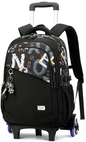 Lutuan Schulrucksack Jungen mit Rollen, Abnehmbar Trolley Schulranzen, 26L | Jungen Schultasche Teenager mit 6 Räder, Wasserabweisend Schwarz Graffiti-Daypack für Reisen, 5. bis 12. Klasse