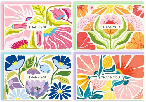 YianHien 24 Pack Floral Thank You Cards with Coloured Envelopes | Blank Inside, Thank You Gift Note Multipack, For Wedding, Teachers, Baby Shower, Small Business