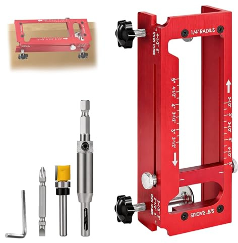 Aluminum Alloy Door Hinge Jig, Adjustable Hinge Mortise Jig with Self-Centering Drill Bit, Router Bit, Double-Ended Screwdriver bit, 2.5-5 Hinges, 1/4 Radius, 5/8 Radius
