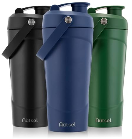 Autsel Shaker de Proteínas con Bola Mezcladora, Botella de Agua de Acero Inoxidable 750ml Antiderrame, Vaso Mezclador Proteinas para Gym y Fitness, Térmico y Libre de BPA