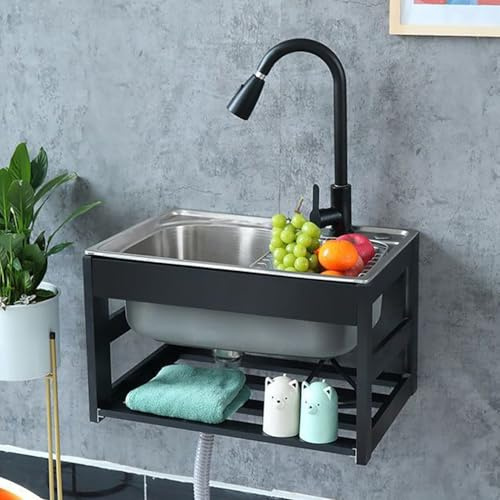 WYRNOBRX Stainless Steel Sink Wall with Drainage Kit & Stand Commercial Wash Hand Basin Small Modern Sinks Vegetable Washing Basin for Home Garage Restaurant Laundry Bathroom,Silver,L58*W43