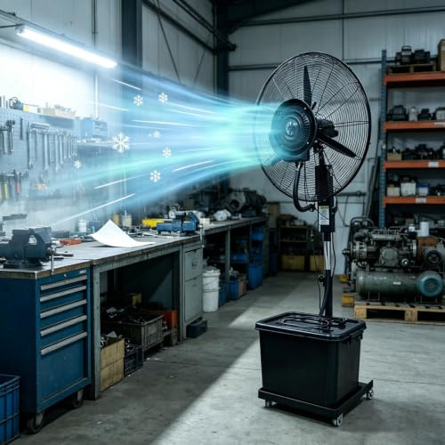 Ventilador Nebulizador Industrial con Ruedas, Depósito 42L, 3 Velocidades, Altura Ajustable, Oscilación 90°, Enfriador De Aire Portatil Ventilador de Pie Industrial para Almacén y Fábrica(⌀71cm)