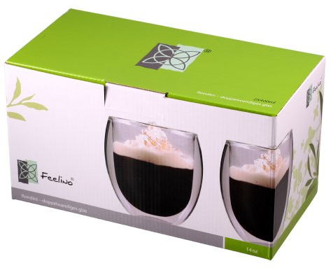 Feelino Tazas Cafe, 2 x Vasos Cafe Cristal Doble Pared, Tazon Térmico Cafe con Leche 400 ml, Tazas de Cafe de Vidrio de Doble Pared Aislante para Cappuccino y Te, Tazas de Vidrio Transparente