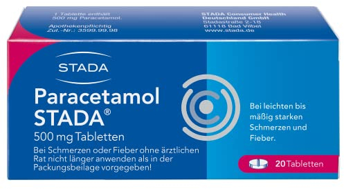 Paracetamol STADA - Arzneimittel bei leichten und mäßig starken Schmerzen und Fieber - bei Kopf-, Glieder-, Zahn- und Regelschmerzen - gut verträglich - 1 x 20 Tabletten