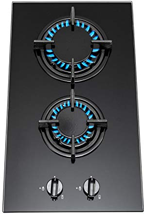 SIA GHG301BL 30cm Black 2 Burner Gas on Glass Domino Hob & Cast Iron Stands