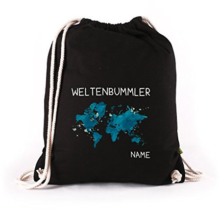 Herz & Heim® Baumwoll Turnbeutel für Weltenbummler mit dem Wunschnamen bedruckt in Schwarz