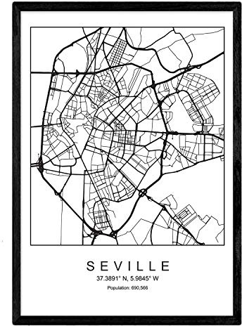 Nacnic Lámina Mapa de la Ciudad Sevilla Estilo nordico en Blanco y Negro. Poster tamaño A3 Sin Marco Impreso Papel 250 gr. Cuadros, láminas y Posters para Salon y Dormitorio